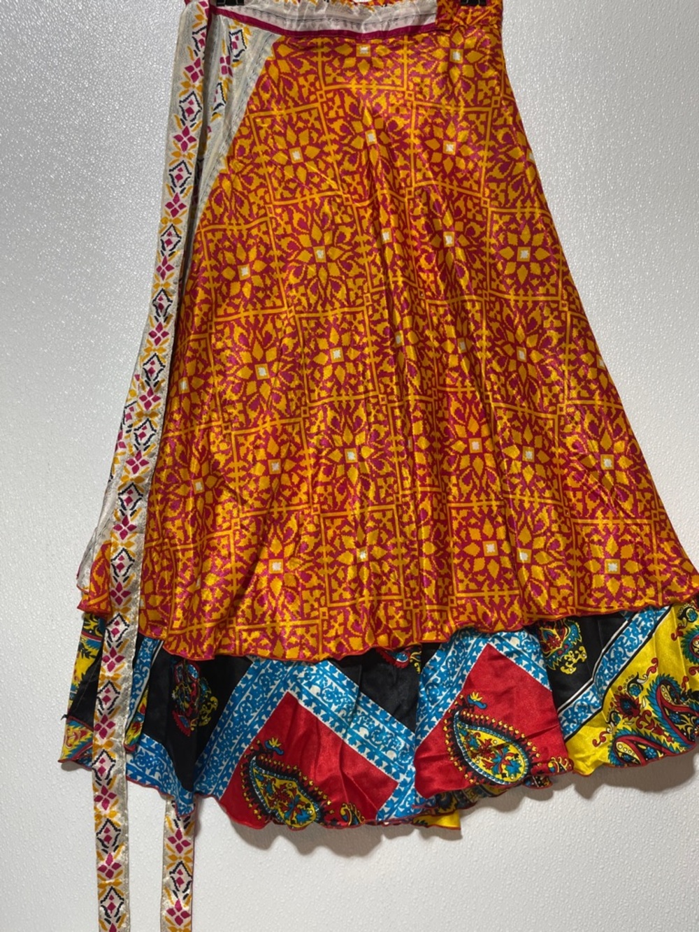 2/$60 SILK Bohemian Maxi Wrap Skirt in Yellow & Pink with Contrasting Underskirt
